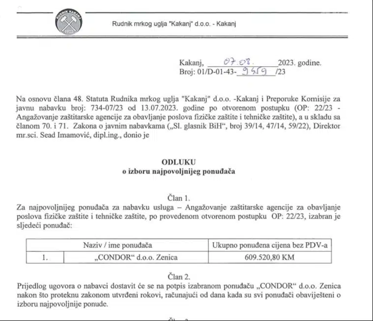 Ugovor za posao fizičke i tehničke zaštite RMU “Kakanj“: Porodičnoj firmi Isaka 610.000 KM!