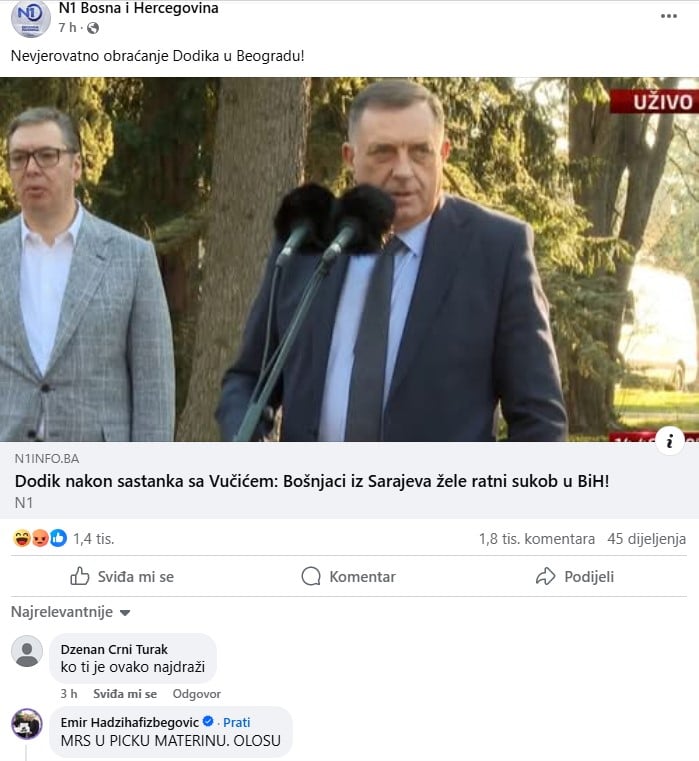 Komencija Hadzihafbegovic na FB