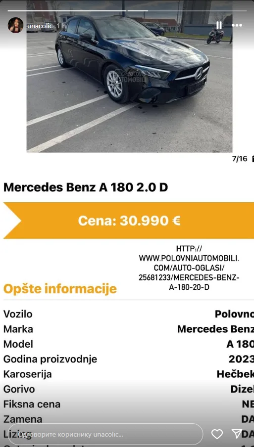 Una Čolić prodaje auto