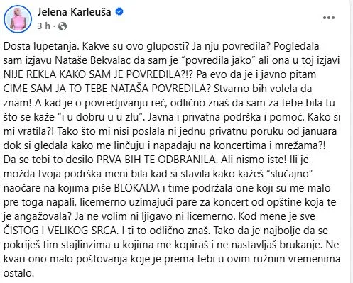Nakon izjava Nataše Bekvalac da ju je povrijedila, Jelena Karleuša uzvraća: “Ne volim ni ljigavo, ni licemjerno. Kopiraš me…”
