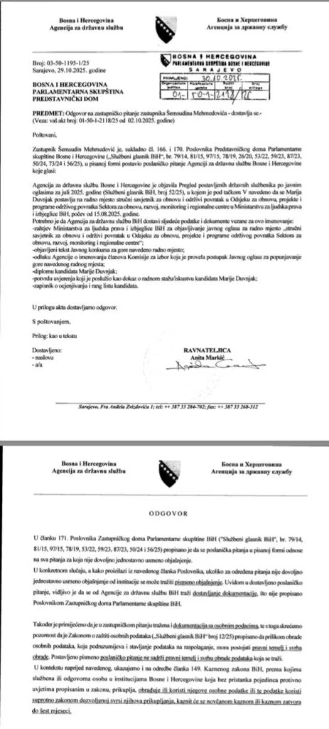Odgovor ADSBiH na poslaničko pitanje Šemsudina Mehmedovića